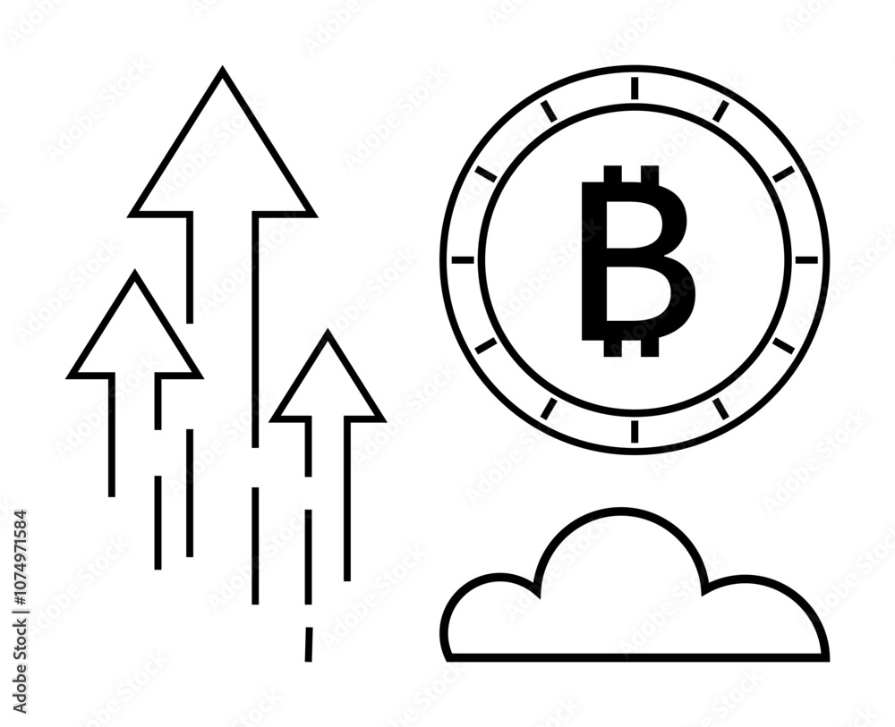 Upward arrows representing growth next to a Bitcoin symbol within a circular border above a cloud. Ideal for cryptocurrency, finance, investment, blockchain, financial technology, growth strategies Upward arrows representing growth next to a Bitcoin symbol within a circular border above a cloud. Ideal for cryptocurrency, finance, investment, blockchain, financial technology, growth strategies