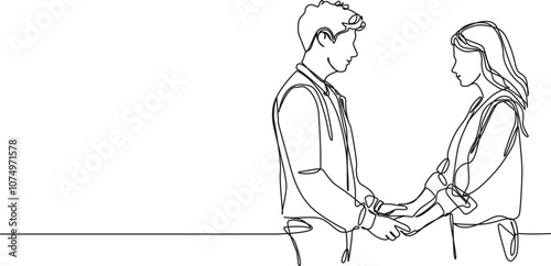 continuous single line drawing of young man and woman holding hands while looking at each other, line art vector illustration