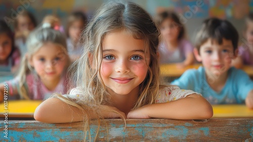 a lively classroom scene captures young children engaged in learning, sitting at colorful desks, with smiles and enthusiasm radiating joy and curiosity