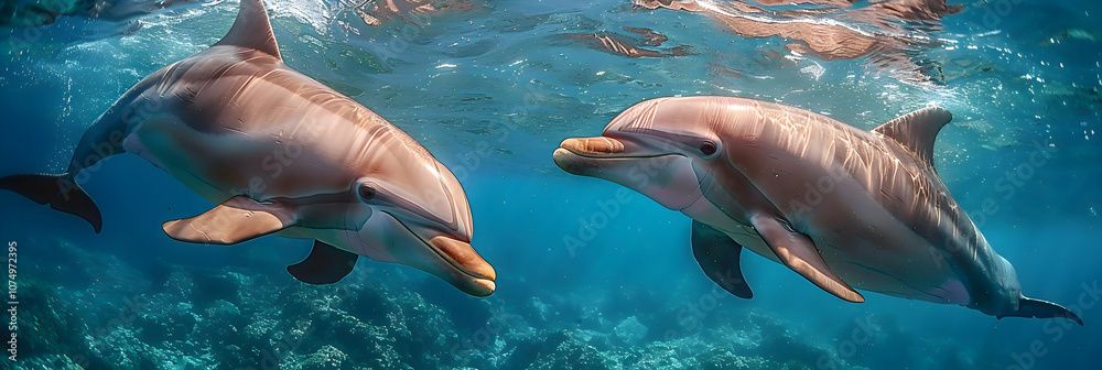 Fototapeta premium Pair of Amazon Pink Dolphins swimming side by side, with sunlight filtering through the water and