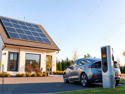 electric vehicle charging next to house with solar panels