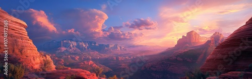 Breathtaking sunset over Sedona's red rock formations, showcasing vibrant colors and dramatic clouds in a peaceful landscape