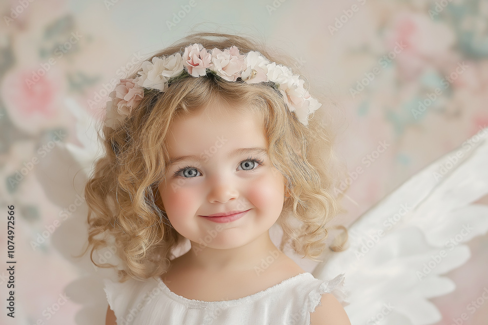 A delightful portrait of a young girl in angel costume with a white feathered headband, smiling softly with a floral background, exuding innocence and joy. A delightful portrait of a young girl in angel costume with a white feathered headband, smiling softly with a floral background, exuding innocence and joy.