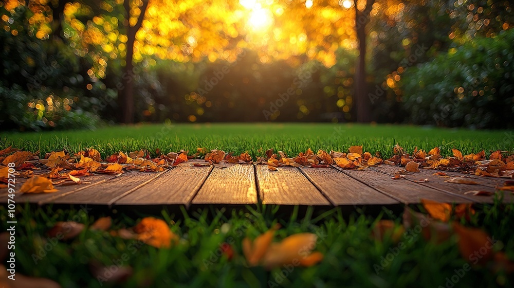A serene autumn scene with wooden planks and colorful leaves on lush green grass.