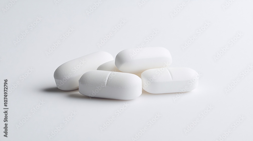 Close-up of White Pills on a White Background: A Study in Medical Simplicity and Pharmaceutical Precision