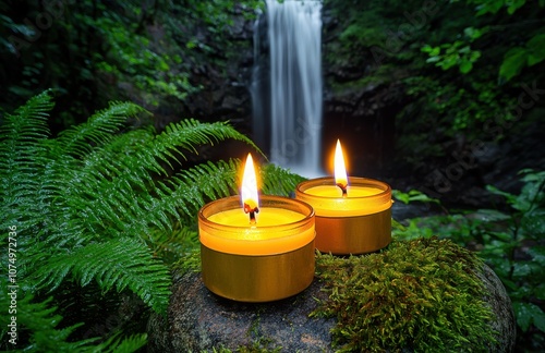 Two lit candles beside a serene waterfall in a lush green environment.