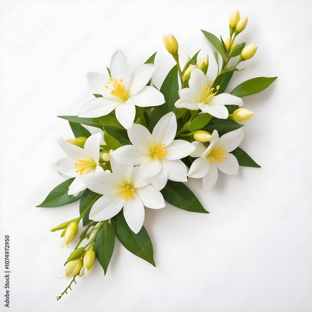 Fototapeta premium A bouquet of white and yellow flowers with green leaves, likely jasmine or a similar flowering plant