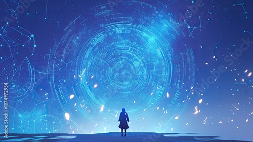 A lone figure standing before a giant glowing circle of symbols and data against a blue night sky with falling white specks