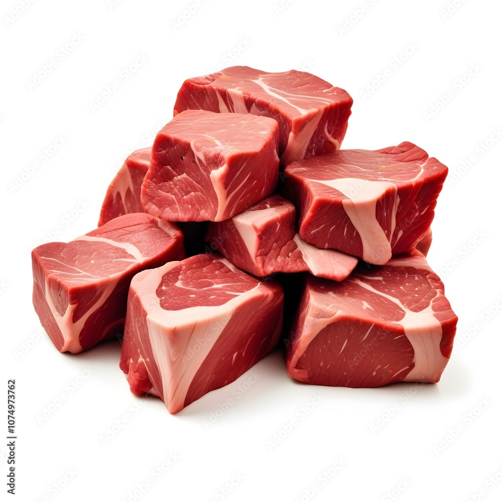 Fototapeta premium Pile of raw meat chunks, likely beef. The meat appears to be fresh and uncooked, with visible marbling