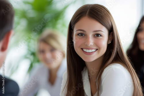 A young woman smiles warmly during a business meeting in a modern office setting with colleagues engaged in discussion. Generative AI