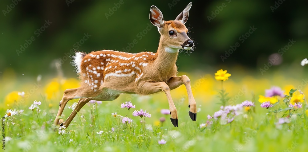 A young fawn leaps through a field of wildflowers, its spotted coat blending seamlessly with the lush greenery. A young fawn leaps through a field of wildflowers, its spotted coat blending seamlessly with the lush greenery.