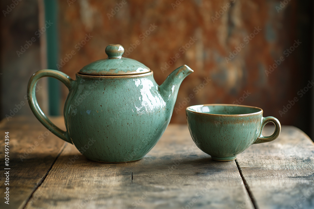 An elegant teapot and matching cup sit on a rustic wooden table, creating a peaceful moment of tea time in a cozy setting. An elegant teapot and matching cup sit on a rustic wooden table, creating a peaceful moment of tea time in a cozy setting.