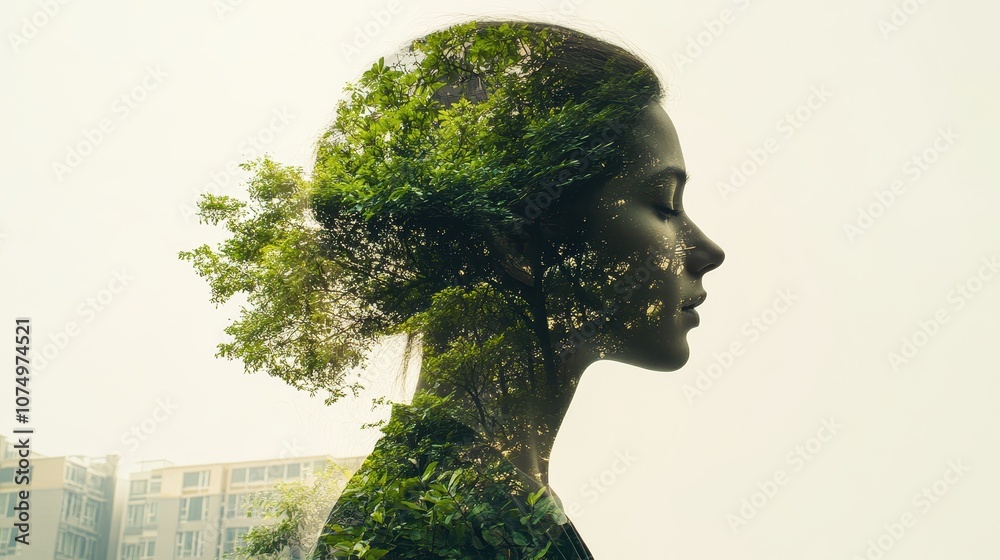 Double Exposure of Woman's Silhouette with Lush Green Tree Symbolizing Nature and Human Connection Double Exposure of Woman's Silhouette with Lush Green Tree Symbolizing Nature and Human Connection