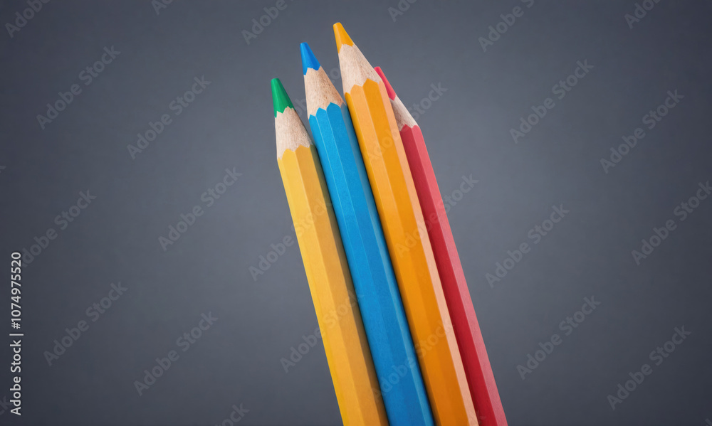 Fototapeta premium Four colored pencils are lined up against a gray background
