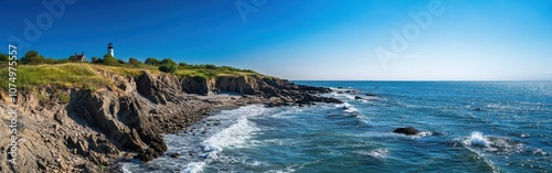 Serene shores and coastal cliffs of Montauk Point bathed in bright sunlight on a calm day photo