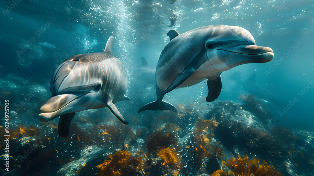 Obraz premium Pair of Amazon Tucuxi Dolphins swimming in unison, their streamlined bodies creating ripples