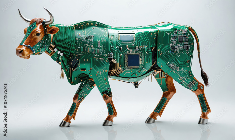 Obraz premium A robotic bull made of circuit boards is walking forward against a white background