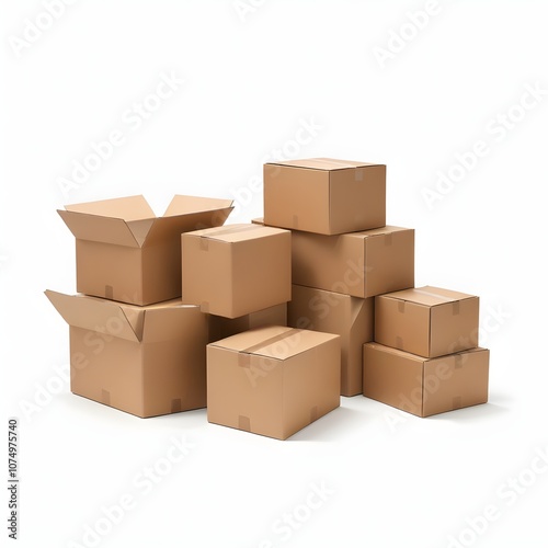 A stack of cardboard boxes of various sizes, likely containing items for storage