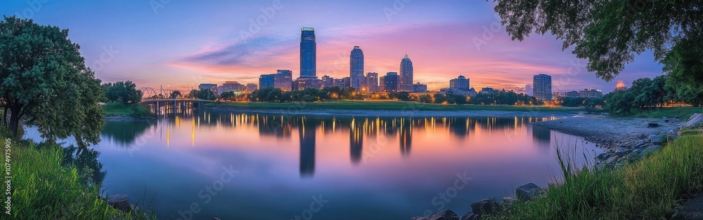 Breathtaking Omaha skyline at sunset reflecting on the calm river with vibrant colors filling the evening sky Breathtaking Omaha skyline at sunset reflecting on the calm river with vibrant colors filling the evening sky