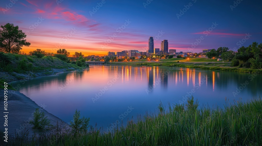 Fototapeta premium A tranquil sunset over the Omaha skyline reflecting in the river with lush green banks and colorful clouds at twilight