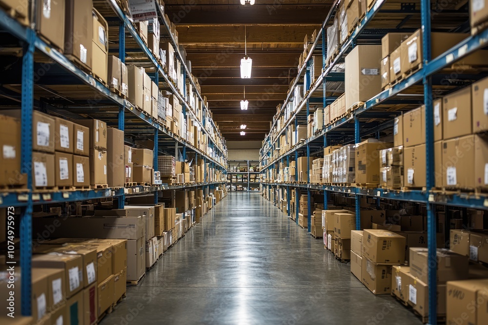 Expansive Warehouse Interior with Neatly Stacked Cardboard Boxes and Lively Aisles in a Modern Distribution Center Setting Expansive Warehouse Interior with Neatly Stacked Cardboard Boxes and Lively Aisles in a Modern Distribution Center Setting