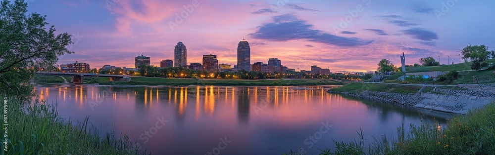 A tranquil evening in Omaha with a vibrant sunset reflecting over the river and city skyline illuminated by warm lights A tranquil evening in Omaha with a vibrant sunset reflecting over the river and city skyline illuminated by warm lights