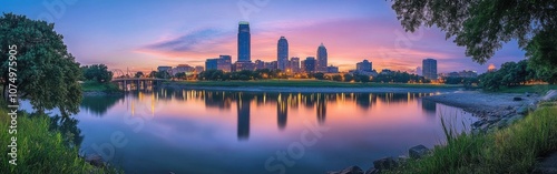 Breathtaking Omaha skyline at sunset reflecting on the calm river with vibrant colors filling the evening sky