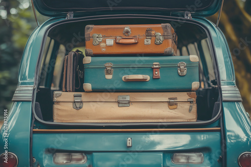 Vintage car trunk filled with colorful luggage ready for a summer road trip in the countryside during golden hour. Generative AI photo