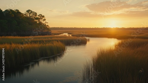 A tranquil sunset over the marshlands at Capers Island, showcasing golden grasses and serene waters reflecting the evening light