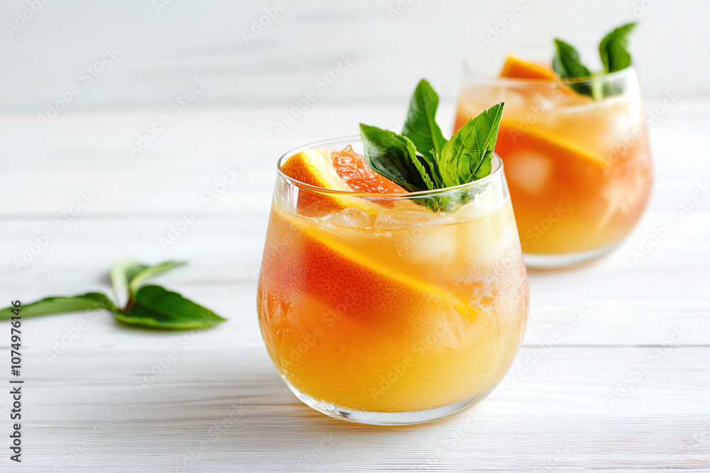 Refreshing tropical drinks with fresh orange slices and mint leaves on a wooden table during summer afternoon. Generative AI Refreshing tropical drinks with fresh orange slices and mint leaves on a wooden table during summer afternoon. Generative AI