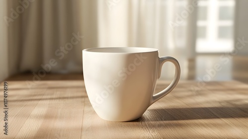 White coffee mug on a wooden table with sunlight streaming through a window.