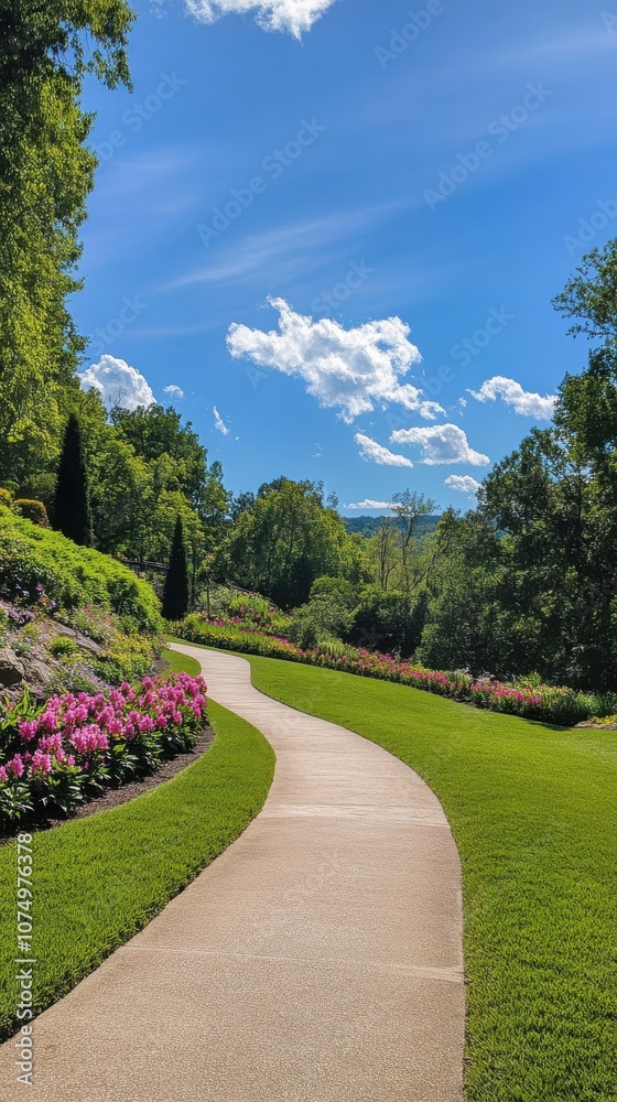 Obraz premium A winding pathway through vibrant gardens under a bright blue sky on a sunny day