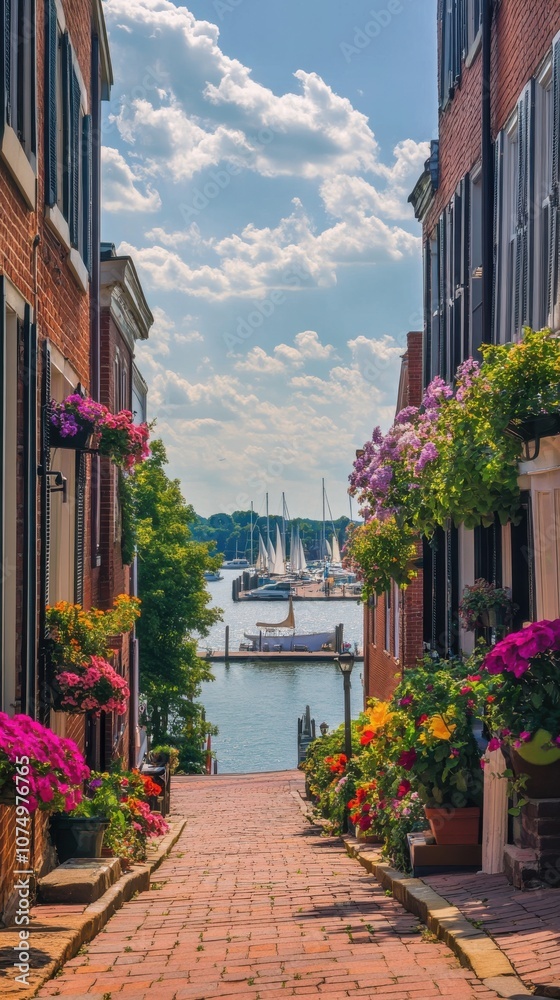 Fototapeta premium A picturesque view of a charming waterfront town with vibrant flowers and sailing boats in the background on a sunny day