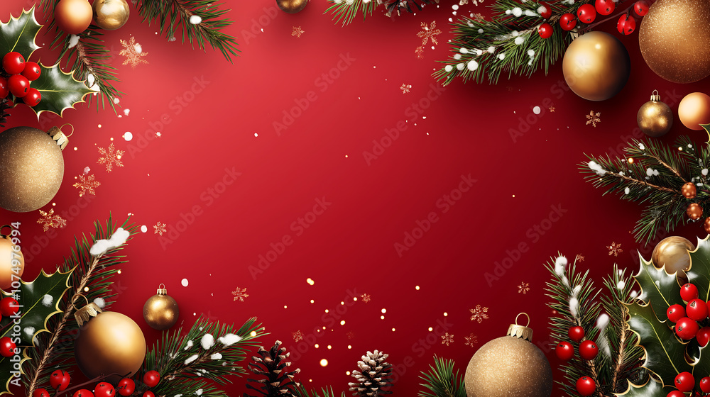 Christmas baubles and fir branches leaving copy space in center.