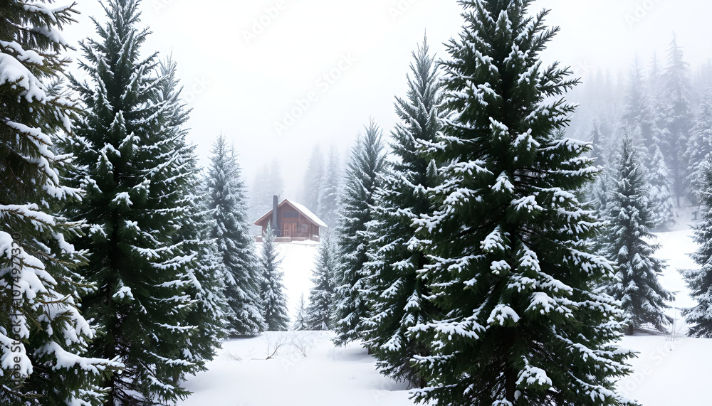 Naklejka premium Snow covered road in the coniferous forest in sunny winter morning after snowfall.