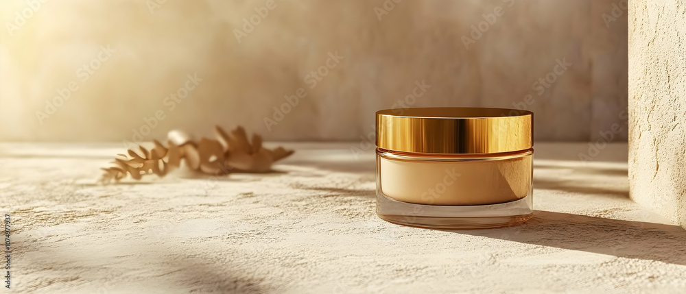 Elegantly designed cosmetic jar with golden lid, perfect for beauty or skincare product displays in serene ambiance. Elegantly designed cosmetic jar with golden lid, perfect for beauty or skincare product displays in serene ambiance.