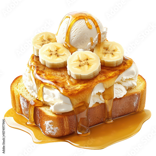 Honey Toast Delight: A delectable illustration of a double-stacked french toast, generously topped with vanilla ice cream, a banana slice, and a drizzle of golden syrup.