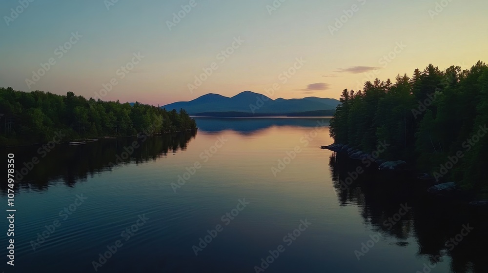 A tranquil sunset view over the calm waters reflecting the distant mountains and lush forest along the shoreline A tranquil sunset view over the calm waters reflecting the distant mountains and lush forest along the shoreline