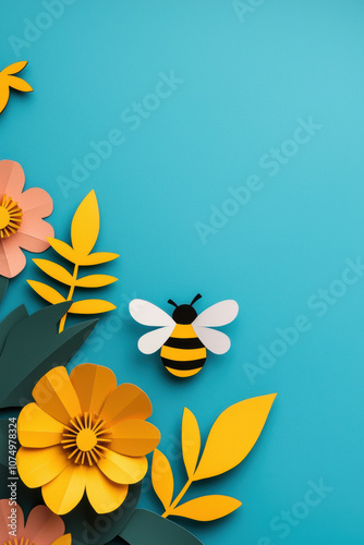 Colorful paper flowers and a buzzing bee create a lively, artistic scene, perfect for nature-themed projects and vibrant designs.