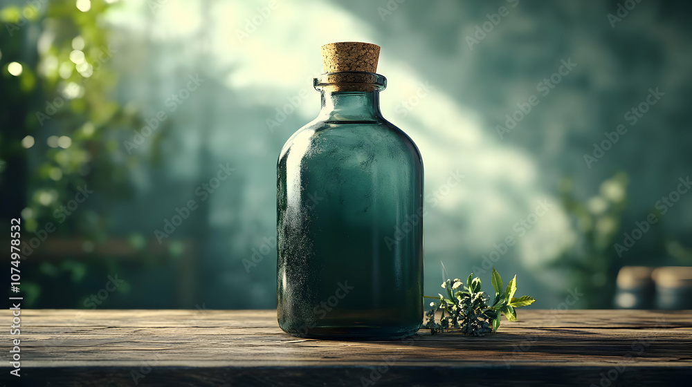 Elegant glass bottle with cork, surrounded by herbs, showcasing natural ingredients and culinary artistry. Elegant glass bottle with cork, surrounded by herbs, showcasing natural ingredients and culinary artistry.