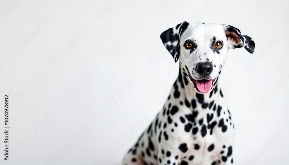 A cute Dalmatian dog with black spots, sitting against a pure white background, perfect for pet-related advertising.
A cute Dalmatian dog with black spots, sitting against a pure white background, perfect for pet-related advertising.