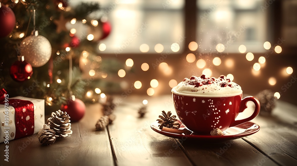 Fototapeta premium Red Holiday Mug on Rustic Table with Pinecones and Christmas Decor Lights : Generative AI