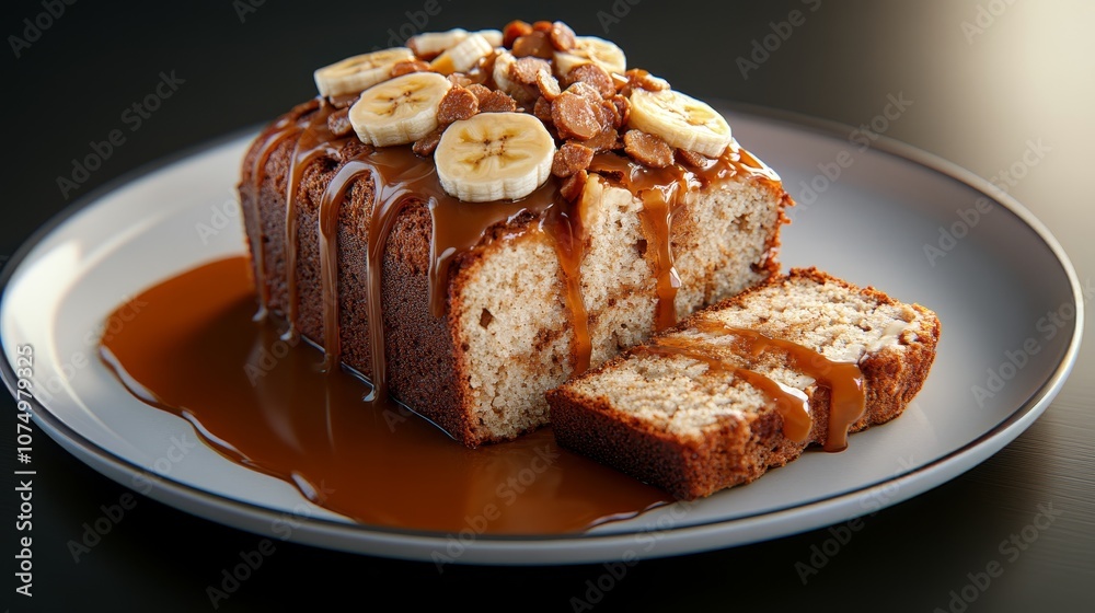 Sweet banana bread loaf sliced open to reveal the moist inside served with banana chips and caramel drizzle dessert indulgence, Photorealistic Sweet banana bread loaf sliced open to reveal the moist inside served with banana chips and caramel drizzle dessert indulgence, Photorealistic