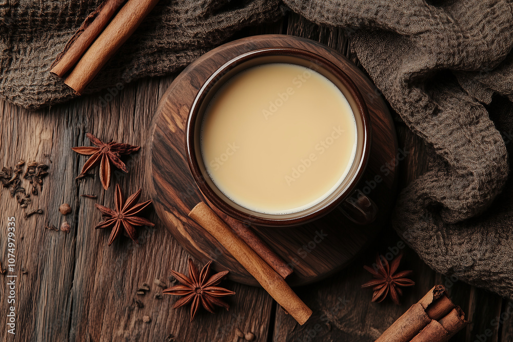 Warm cup of spiced beverage with cinnamon sticks and star anise on wooden table during cozy morning indoors. Generative AI Warm cup of spiced beverage with cinnamon sticks and star anise on wooden table during cozy morning indoors. Generative AI