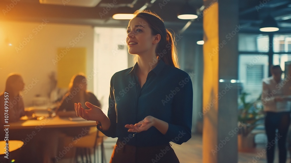 Inspiring Female CEO Addressing Her Passionate Startup Team in Sleek Office Environment Inspiring Female CEO Addressing Her Passionate Startup Team in Sleek Office Environment