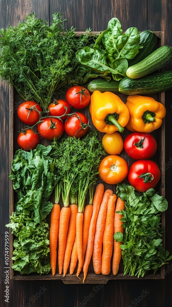 An overhead shot of an assortment of fresh organic vegetables and herbs laid out on a rustic wooden table. An overhead shot of an assortment of fresh organic vegetables and herbs laid out on a rustic wooden table.
