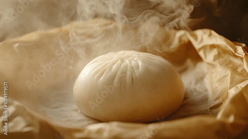Close-up of a freshly steamed meat bun