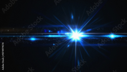 Abstract Lens Flare and Star Light with Blue Glow on Black Background