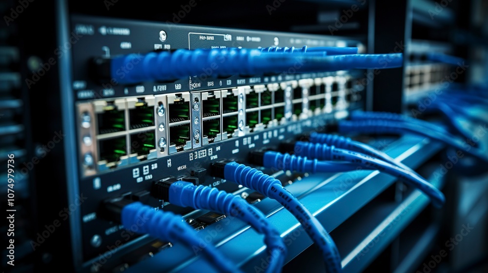 A photo of a network switch with Ethernet cables A photo of a network switch with Ethernet cables