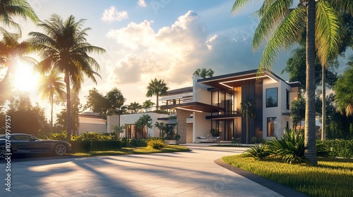 Luxurious modern villa with sleek architecture nestled among lush palm trees, bathed in warm sunset light. Tropical paradise meets contemporary design in this idyllic residential scene. photo